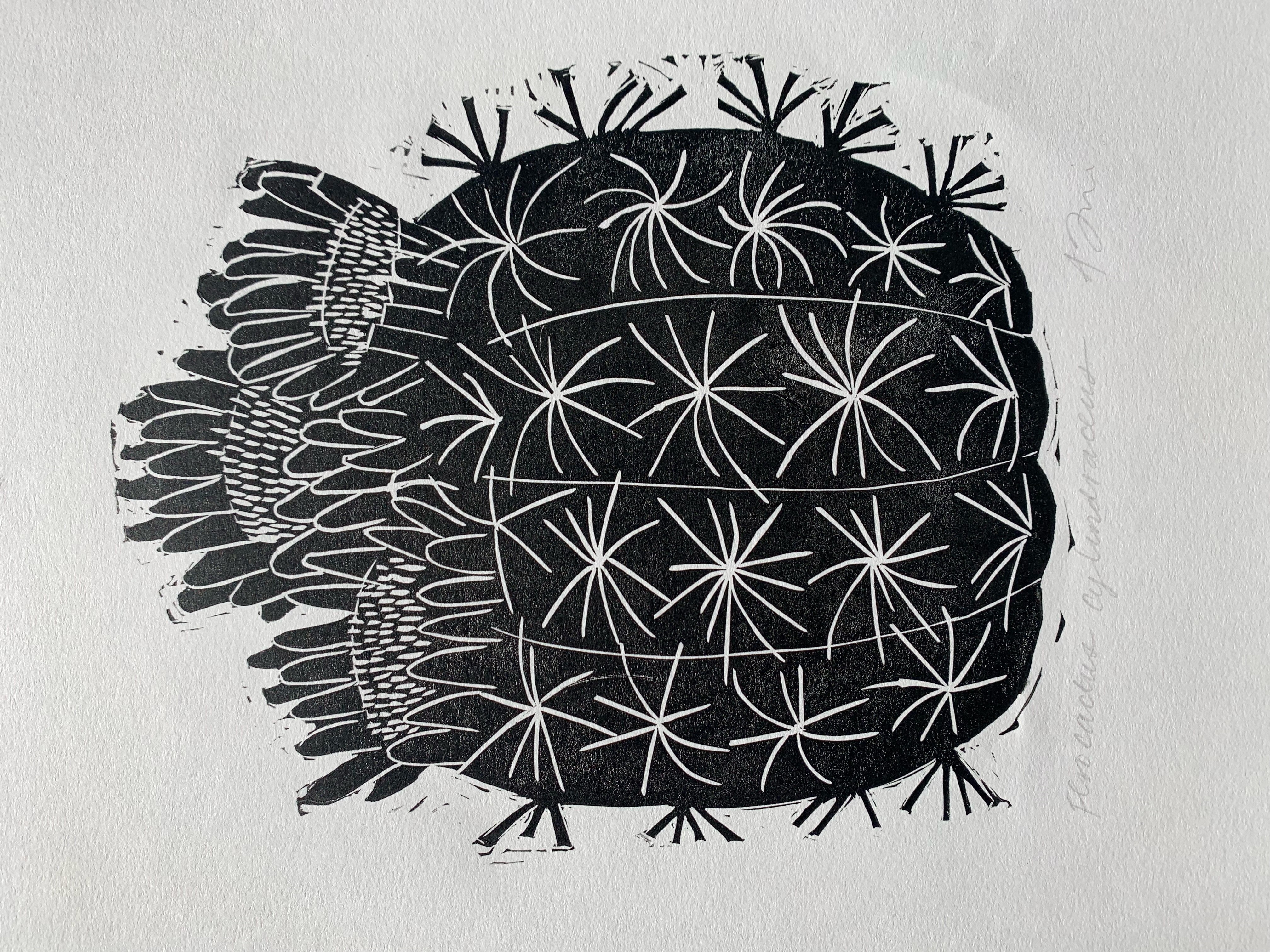 Block print of barrel cactus on white paper in black ink.