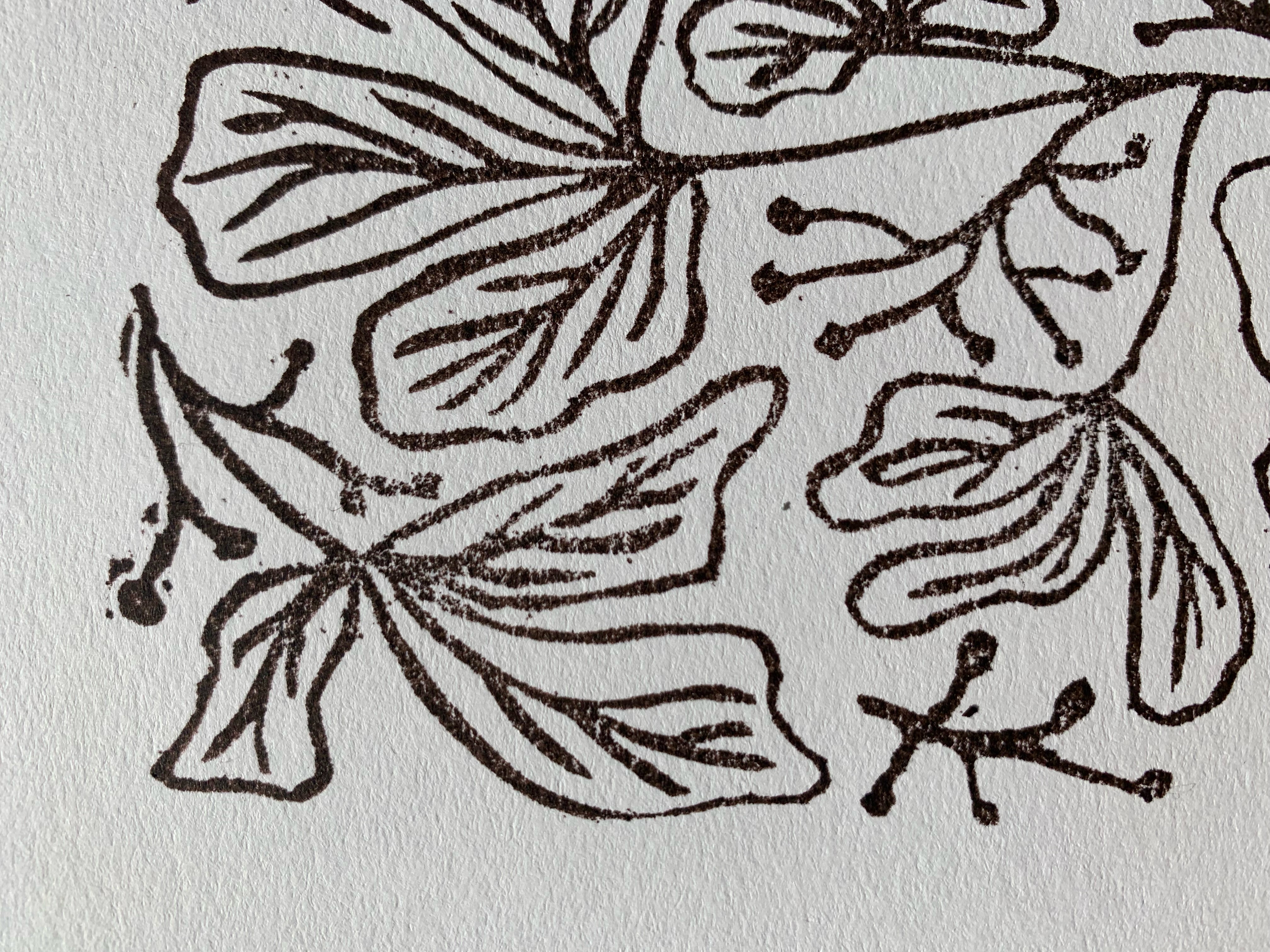 Detailed view of block print of poison oak in brown ink on white paper.